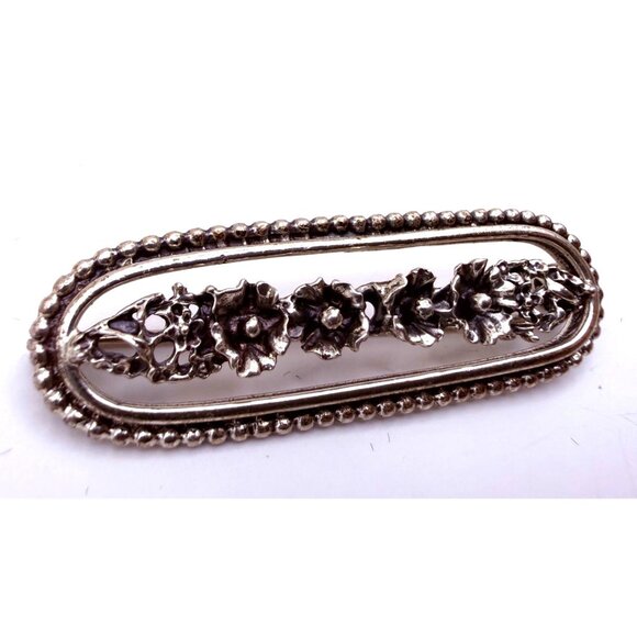 VTG Silver Plate Floral Brooch Pin – Oval Raised Flower Design – Beau Style - Picture 2 of 6